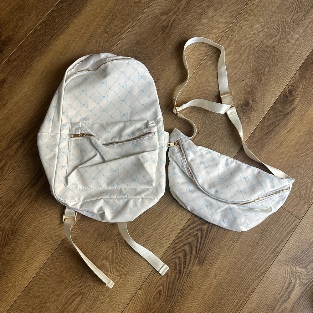 Love shack fancy-ish baby blue/white floral medium elementary backpack& belt bag